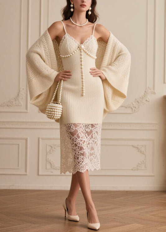 Beige Patchwork Fine Pearl Knit Two Piece Set Clothing Spring