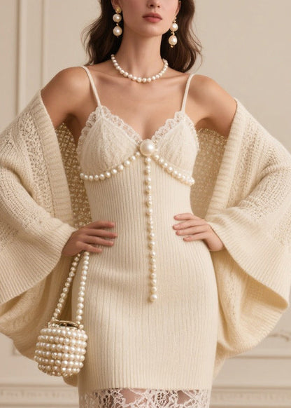 Beige Patchwork Fine Pearl Knit Two Piece Set Clothing Spring