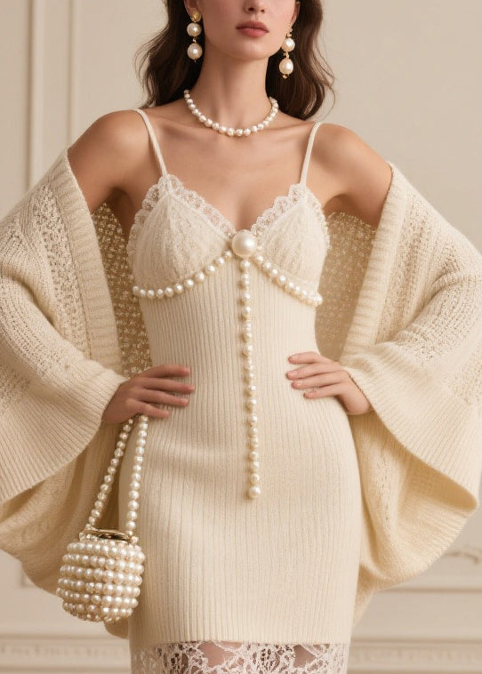 Beige Patchwork Fine Pearl Knit Two Piece Set Clothing Spring