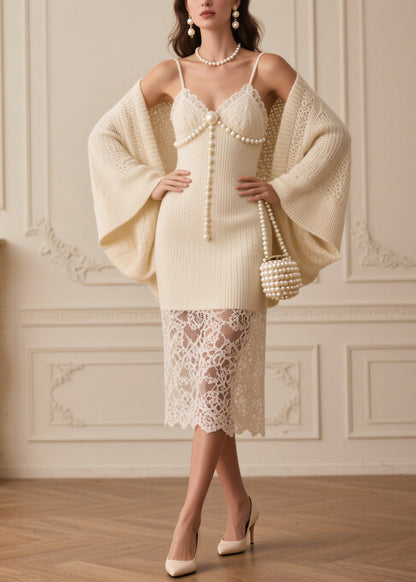 Beige Patchwork Fine Pearl Knit Two Piece Set Clothing Spring