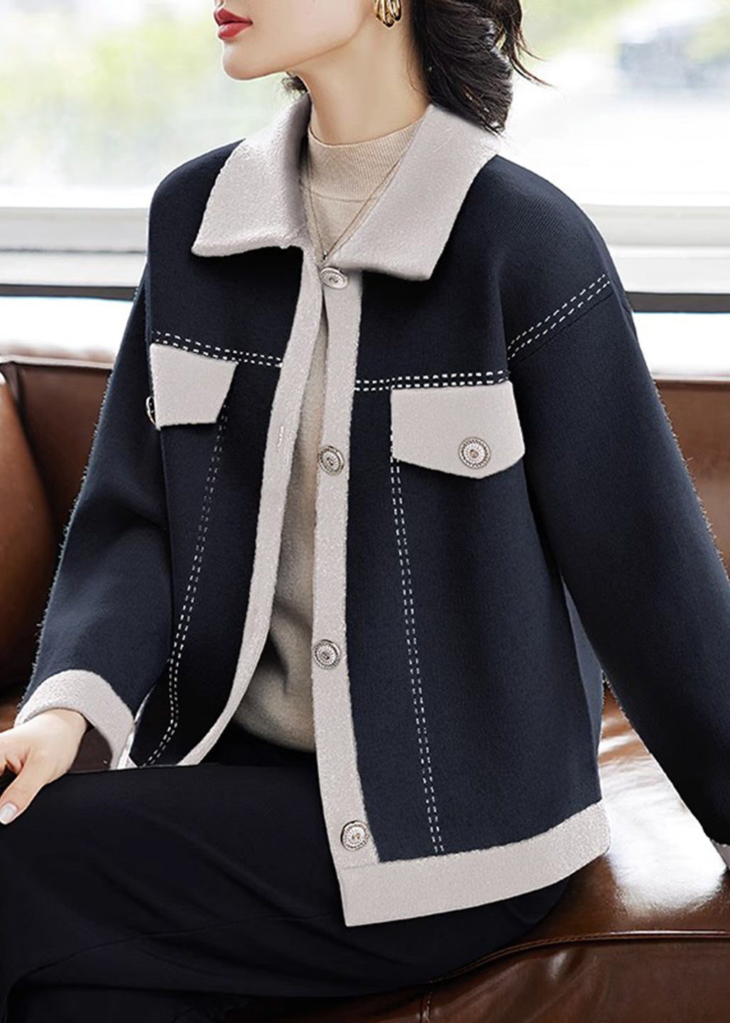 Beige Peter Pan Collar Button Knit Cardigans Fall