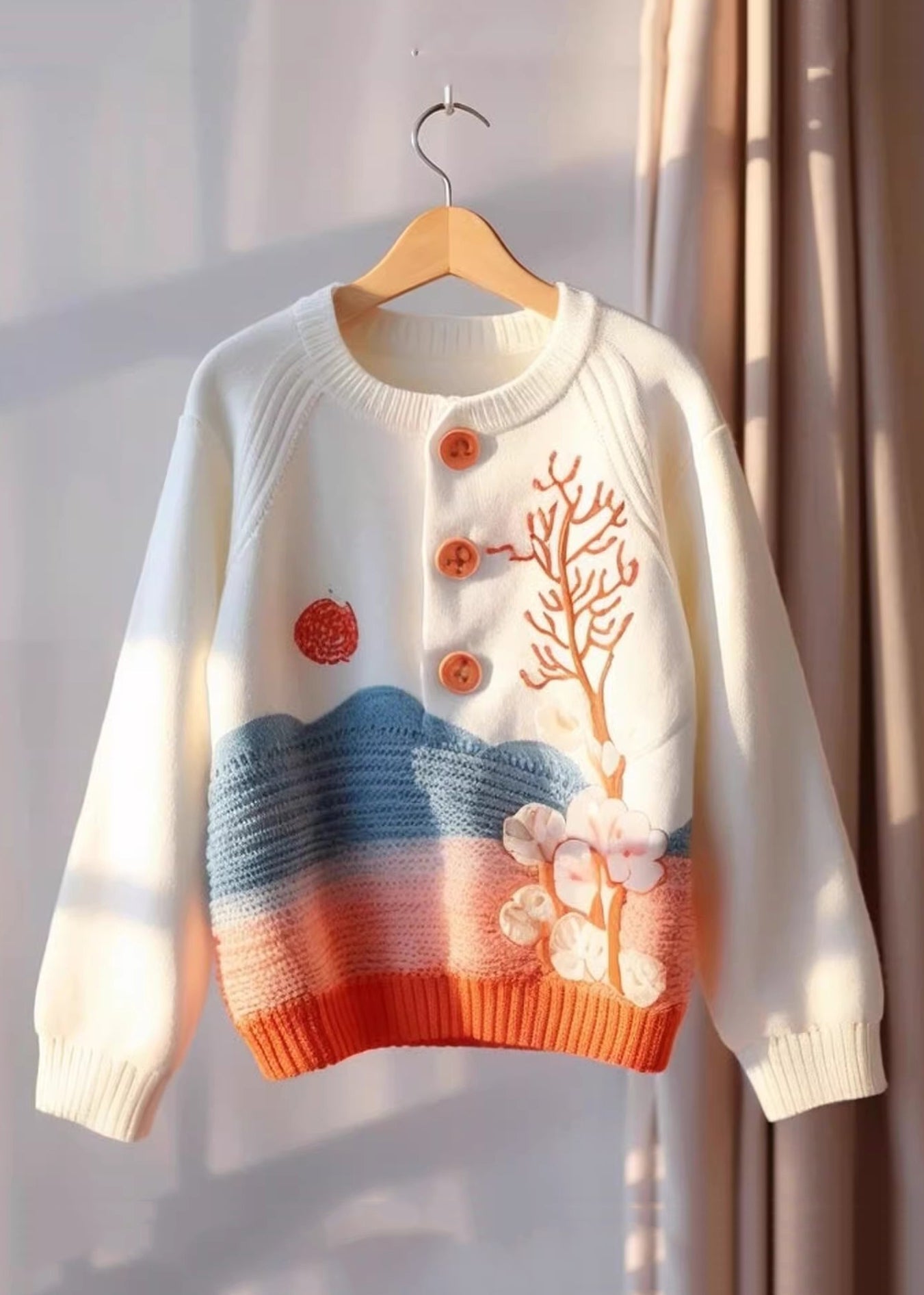 Beige Print Button Knit Sweaters Fall