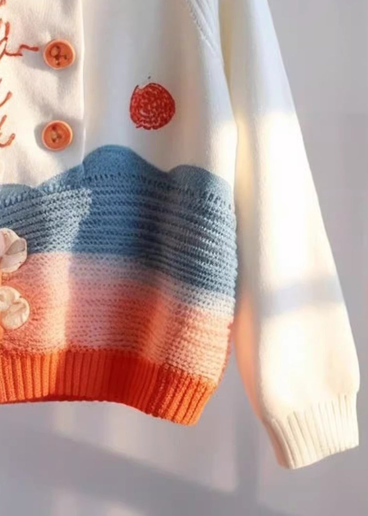 Beige Print Button Knit Sweaters Fall