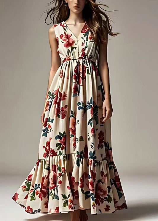 Beige Print Wrinkled Cotton Maxi Dresses Sleeveless