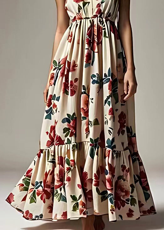 Beige Print Wrinkled Cotton Maxi Dresses Sleeveless