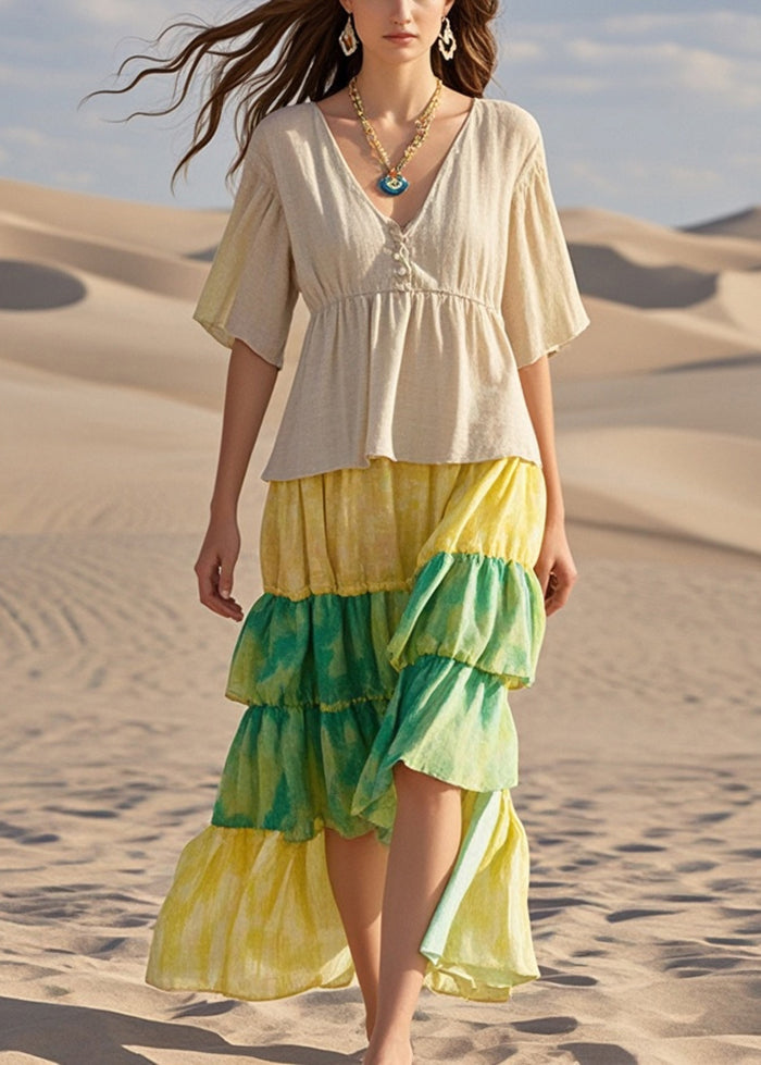 Beige Ruffled Patchwork Cotton Dresses Summer