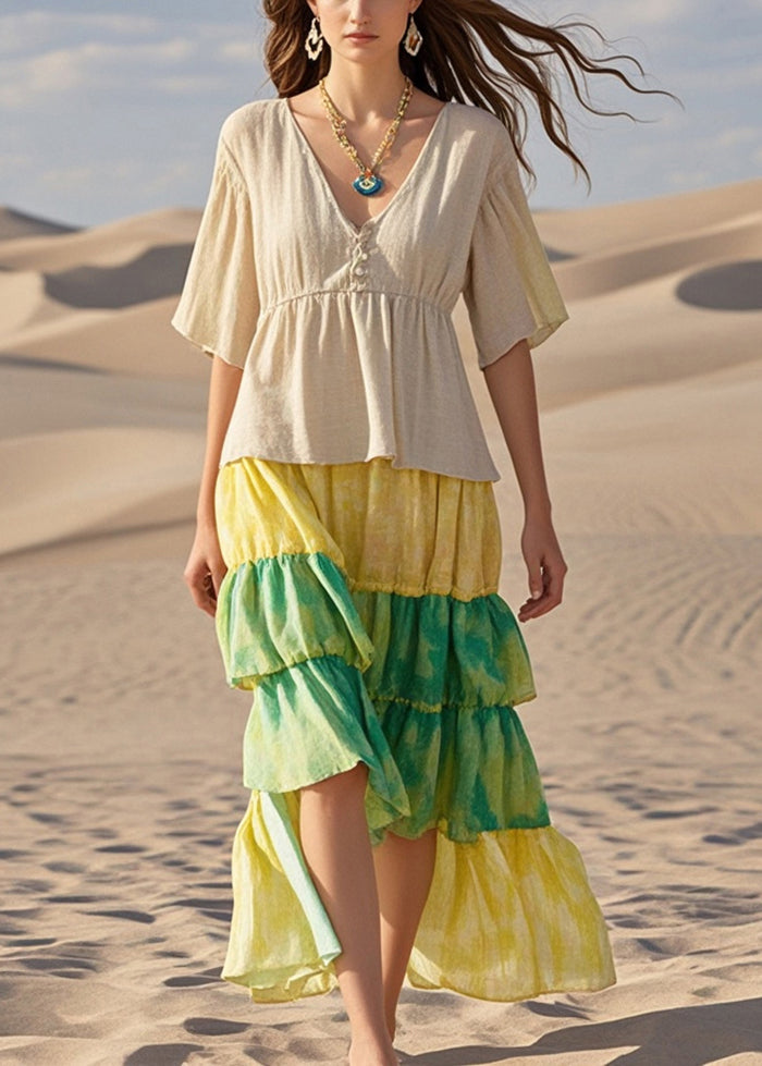 Beige Ruffled Patchwork Cotton Dresses Summer