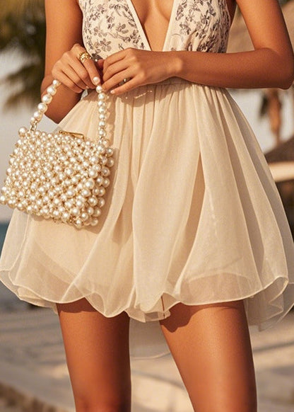 Beige V Neck Print Tulle Mini Dress Summer