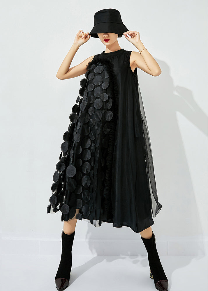 Tea Green-black Dot Asymmetrical Patchwork Wrinkled Tulle Maxi Dress Sleeveless