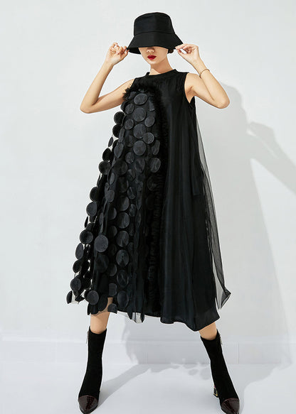 Yellow-black Dot Asymmetrical Patchwork Wrinkled Tulle Maxi Dress Sleeveless