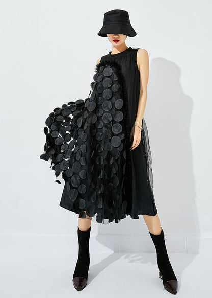 Khaki-black Dot Asymmetrical Patchwork Wrinkled Tulle Maxi Dress Sleeveless