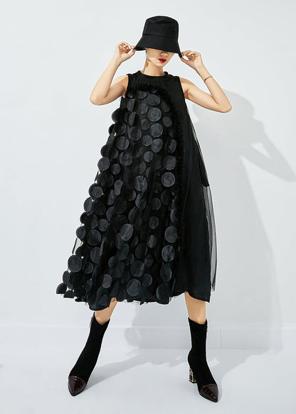 Black Asymmetrical Patchwork Wrinkled Tulle Maxi Dress Sleeveless