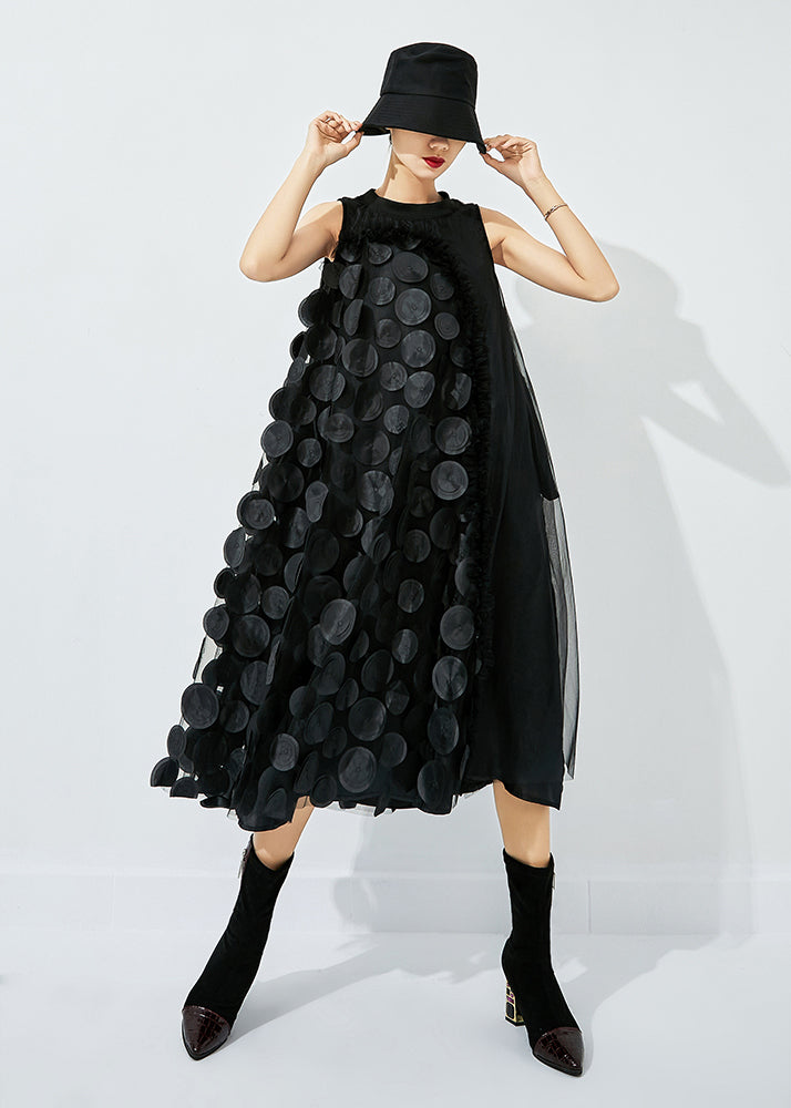 Khaki-black Dot Asymmetrical Patchwork Wrinkled Tulle Maxi Dress Sleeveless