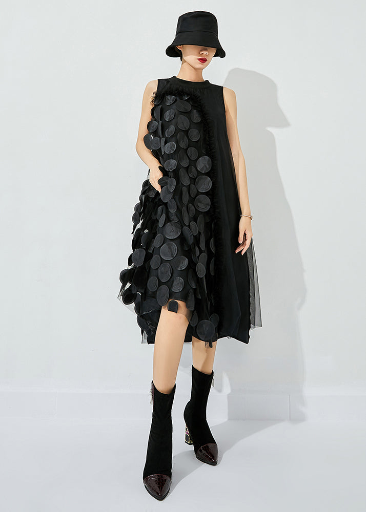 Black-blue Dot Asymmetrical Patchwork Wrinkled Tulle Maxi Dress Sleeveless