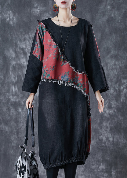 Black Asymmetrical Patchwork Denim Holiday Dress Fall