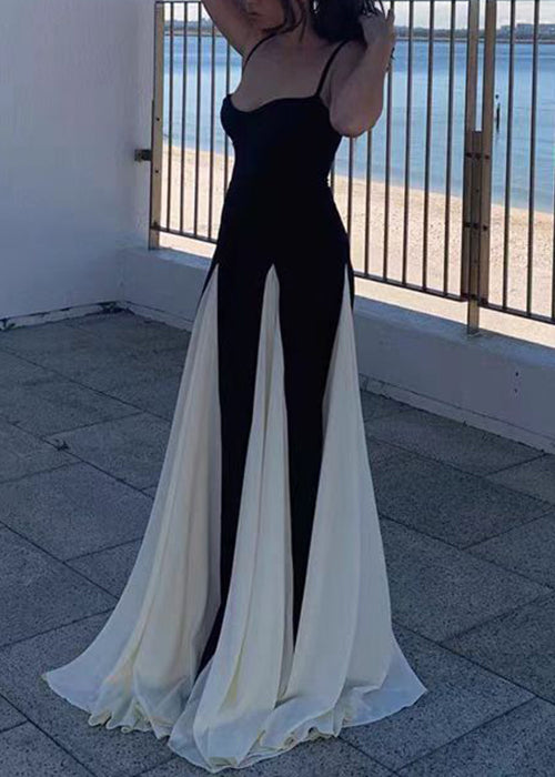 Black Backless High Waist Patchwork Chiffon Spaghetti Strap Dress Sleeveless