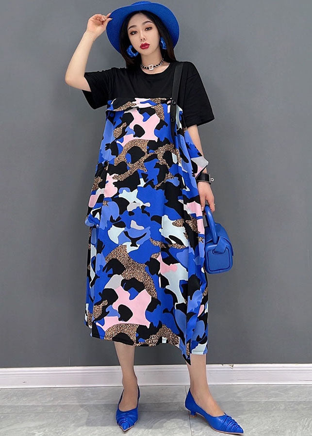 Black Blue Patchwork Pritn Cotton Long Dresses Short Sleeve
