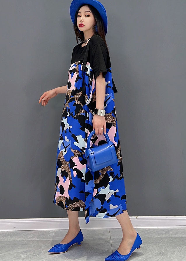 Black Blue Patchwork Pritn Cotton Long Dresses Short Sleeve