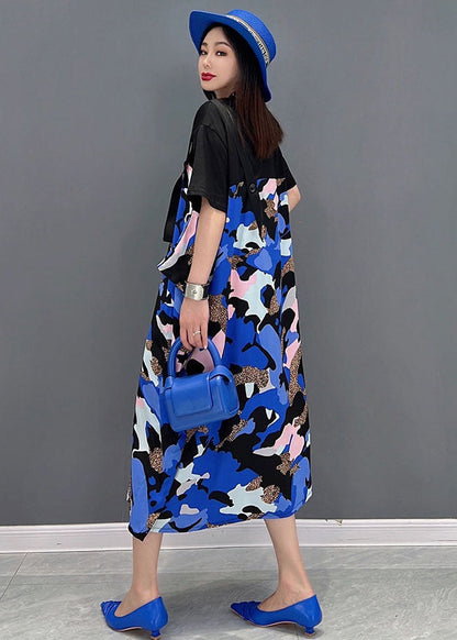 Black Blue Patchwork Pritn Cotton Long Dresses Short Sleeve