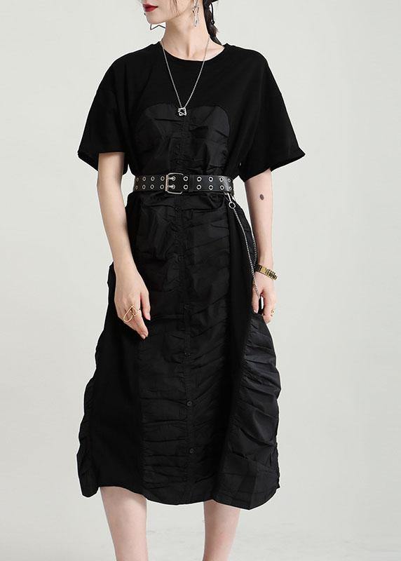 Black Cinched O-neck Patchwork Summer Button Dresses