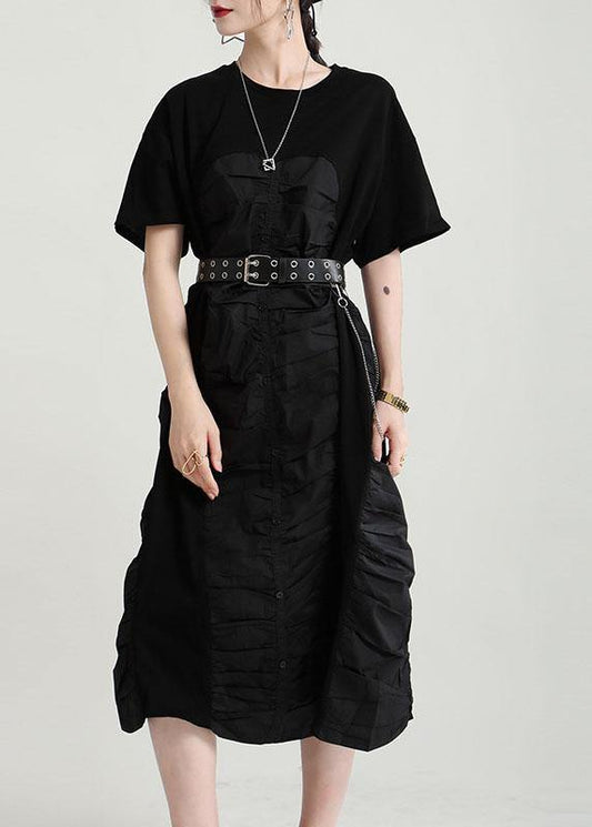Black Cinched O-neck Patchwork Summer Button Dresses