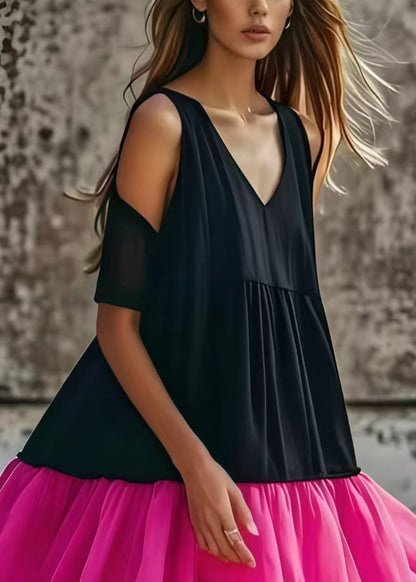 Black Cold Shoulder Tulle Patchwork Cotton Tea Dress Summer
