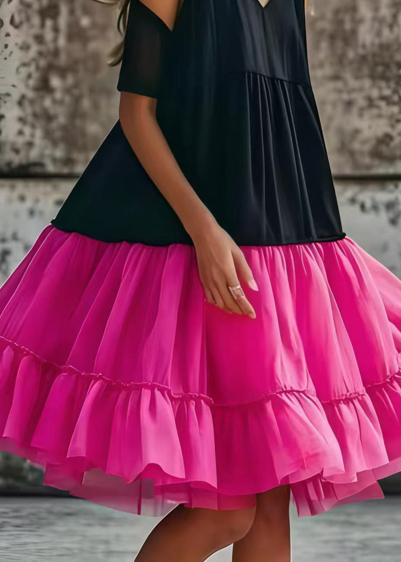 Black Cold Shoulder Tulle Patchwork Cotton Tea Dress Summer