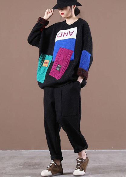 Black Colorblock Letter Fall Knit Sweater