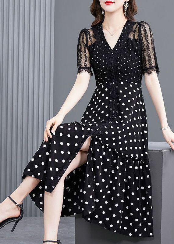 Black Dot Lace Patchwork Hollow Out Long Dresses Summer