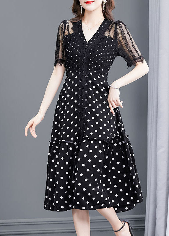Black Dot Lace Patchwork Hollow Out Long Dresses Summer