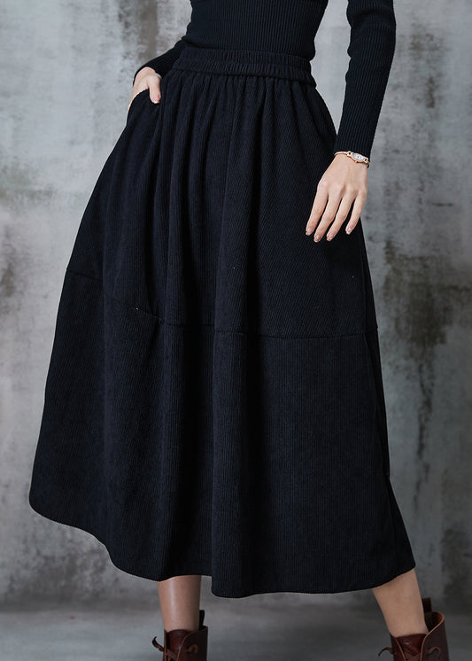 Black Elastic Waist Patchwork Corduroy a Line Skirts Spring