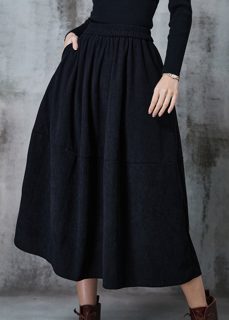 Black Elastic Waist Patchwork Corduroy a Line Skirts Spring