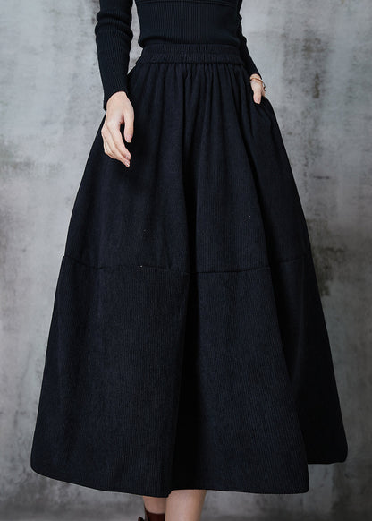 Black Elastic Waist Patchwork Corduroy a Line Skirts Spring