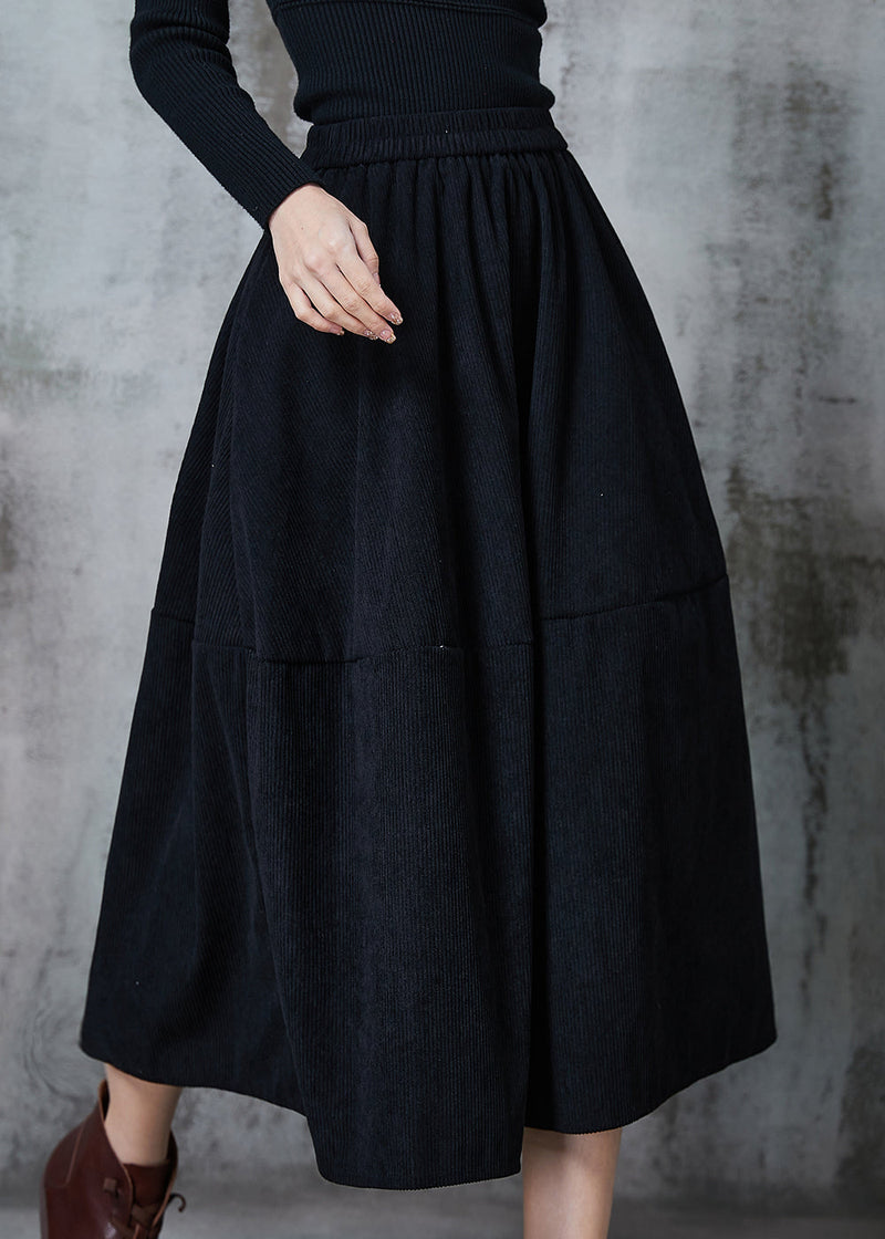 Black Elastic Waist Patchwork Corduroy a Line Skirts Spring