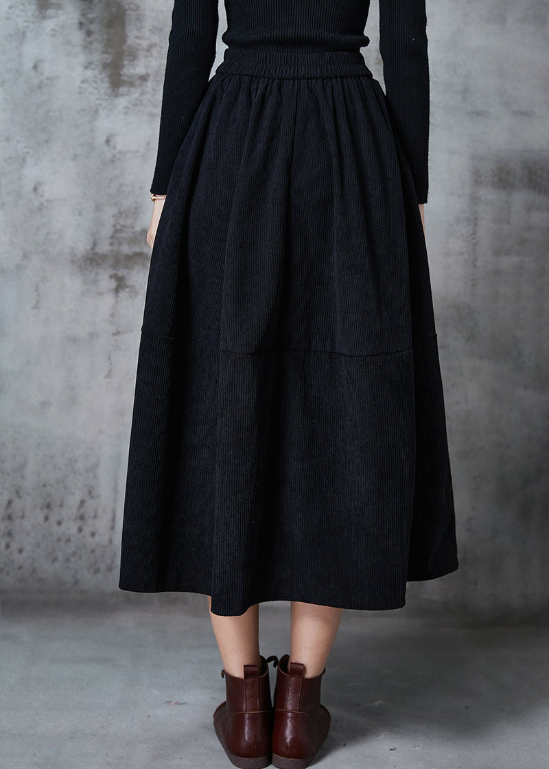Black Elastic Waist Patchwork Corduroy a Line Skirts Spring
