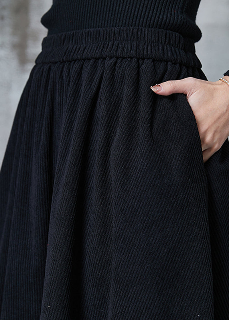 Black Elastic Waist Patchwork Corduroy a Line Skirts Spring