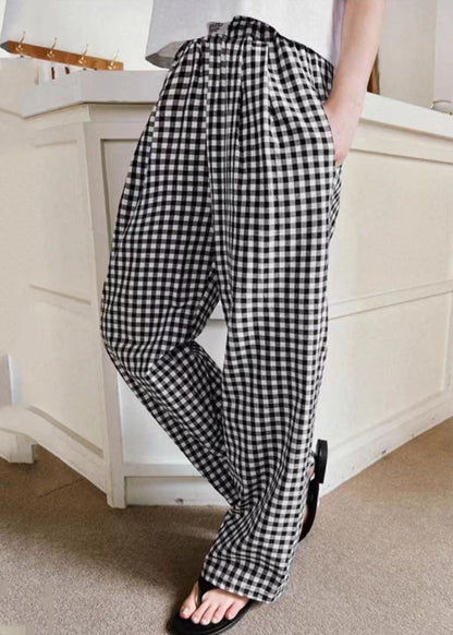 Black Elastic Waist Plaid Linen Wide Leg Pants Spring