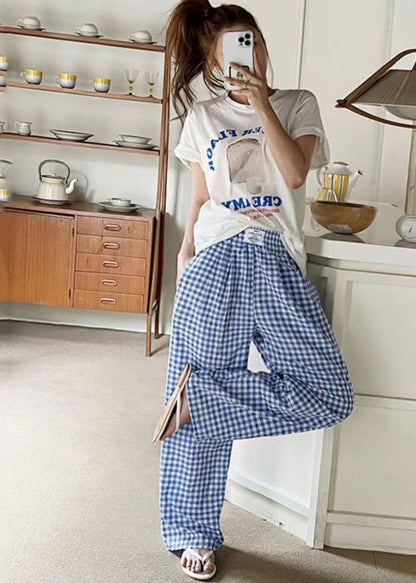 Black Elastic Waist Plaid Linen Wide Leg Pants Spring