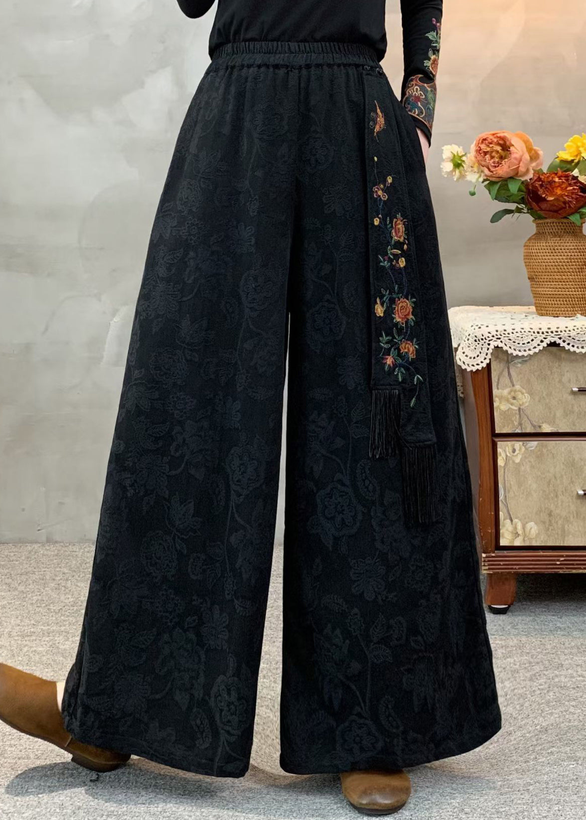 Black Elastic Waist Pockets Jacquard Cotton Pants Fall