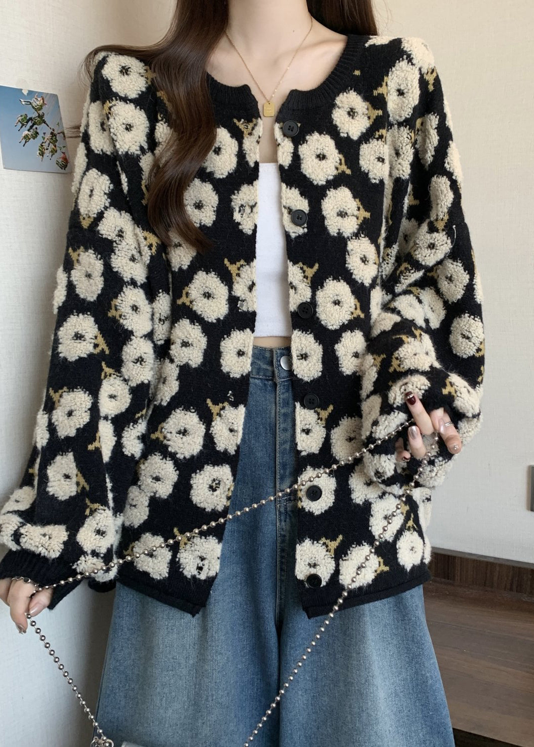 Black Embroidered Knit Loose Coat Winter