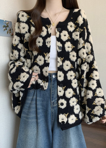 Black Embroidered Knit Loose Coat Winter