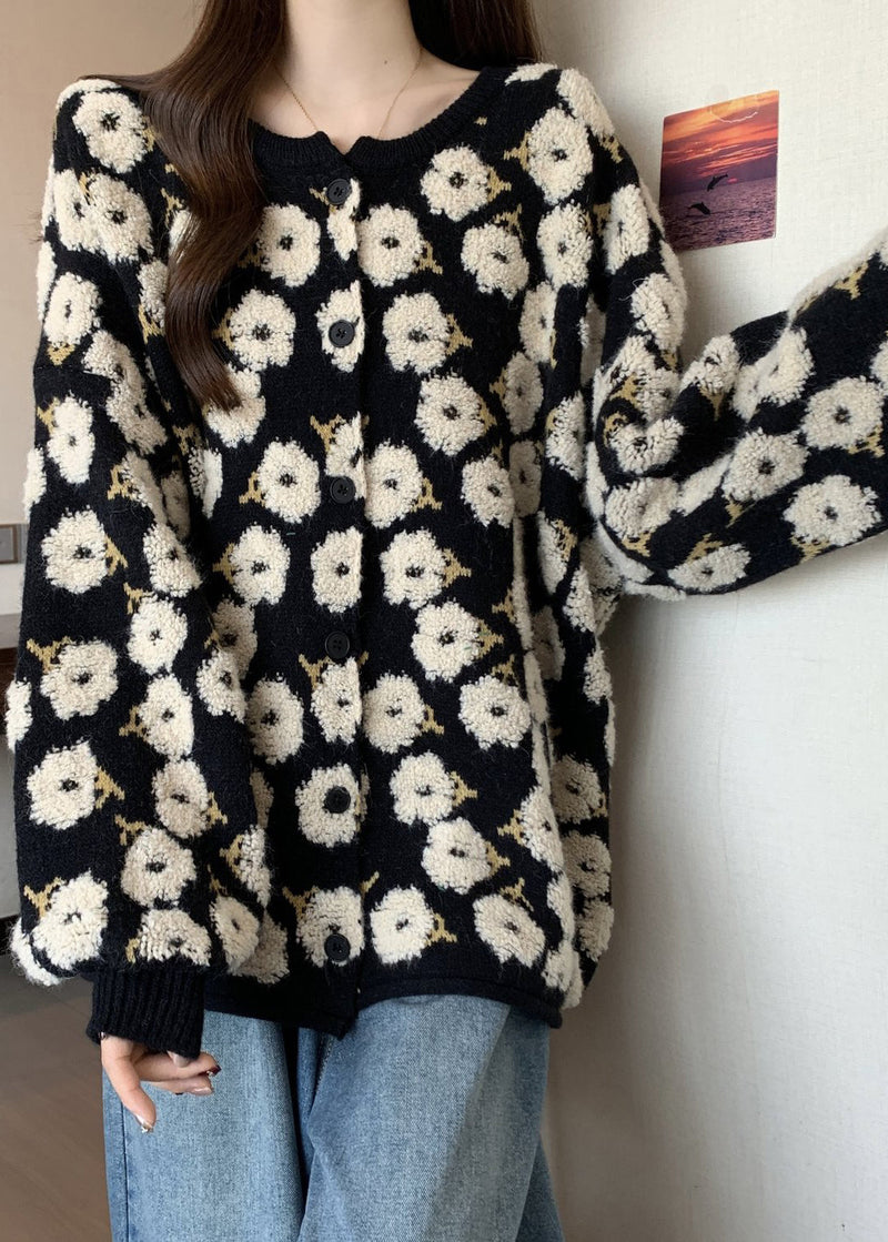 Black Embroidered Knit Loose Coat Winter