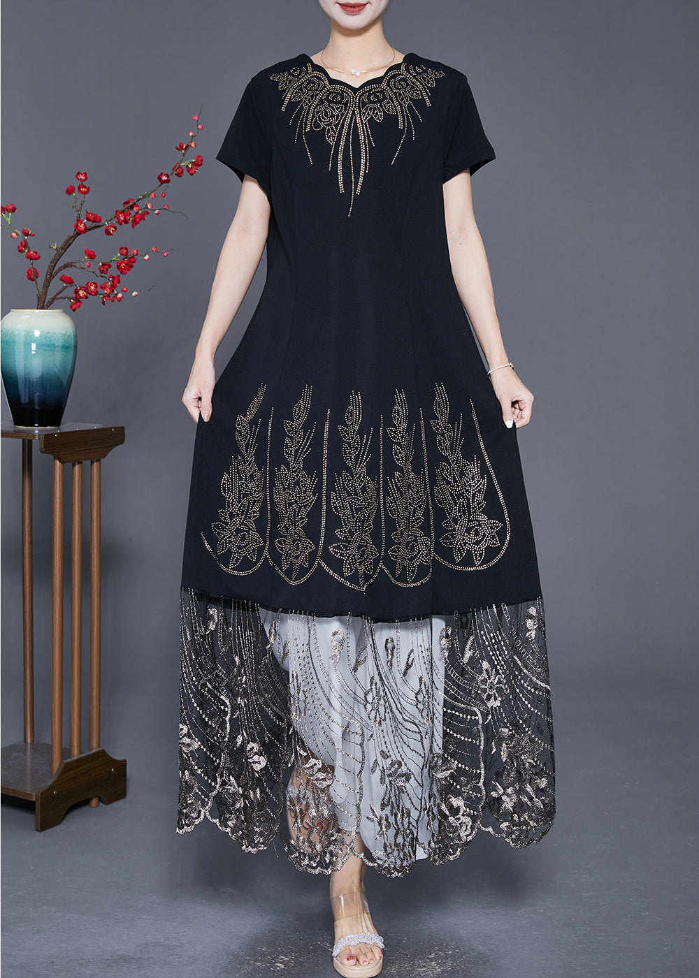 Black Embroidered Tulle Patchwork Zircon Cotton Dress Summer