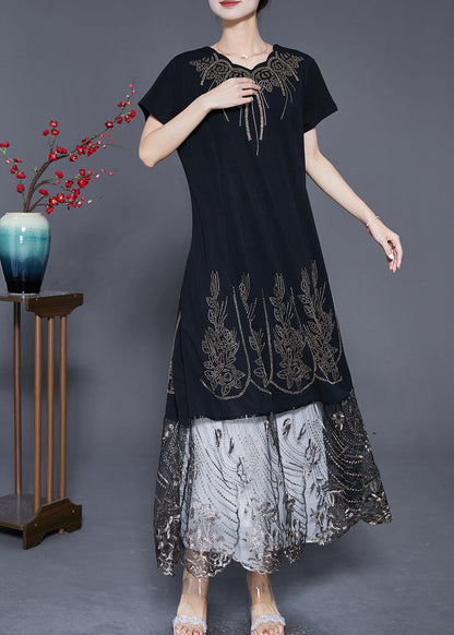 Black Embroidered Tulle Patchwork Zircon Cotton Dress Summer