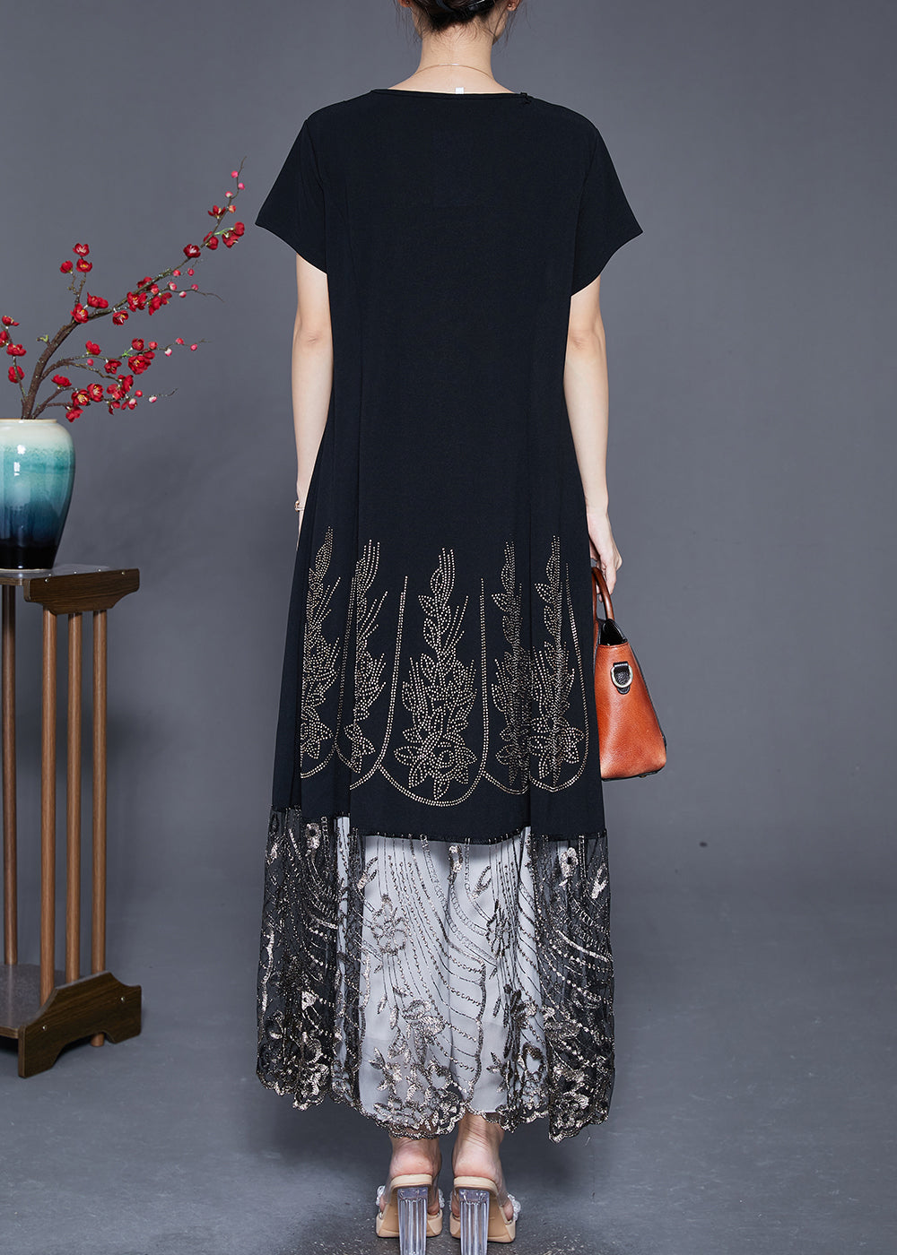 Black Embroidered Tulle Patchwork Zircon Cotton Dress Summer