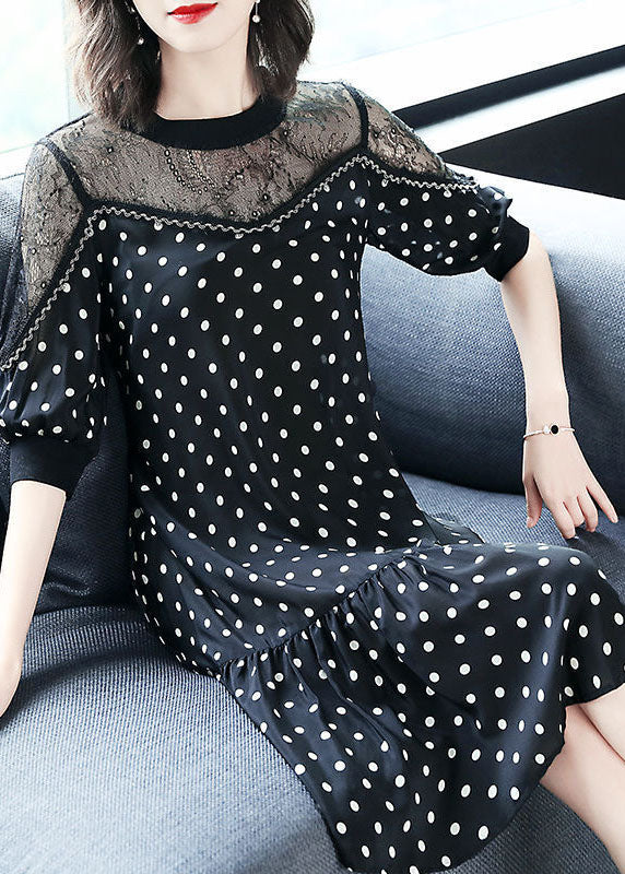 Black Hollow Out Lace Patchwork Dot Chiffon Dresses Summer