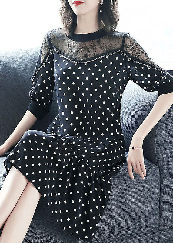 Black Hollow Out Lace Patchwork Dot Chiffon Dresses Summer