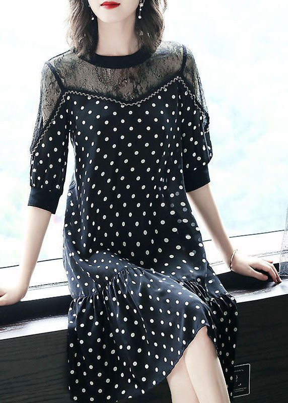 Black Hollow Out Lace Patchwork Dot Chiffon Dresses Summer