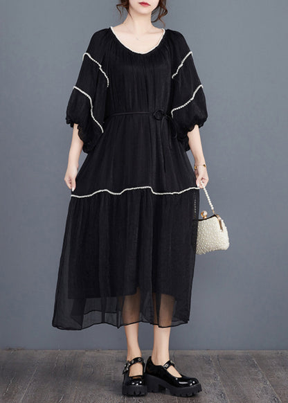 Black Nail Bead Long Dresses Half Sleeve