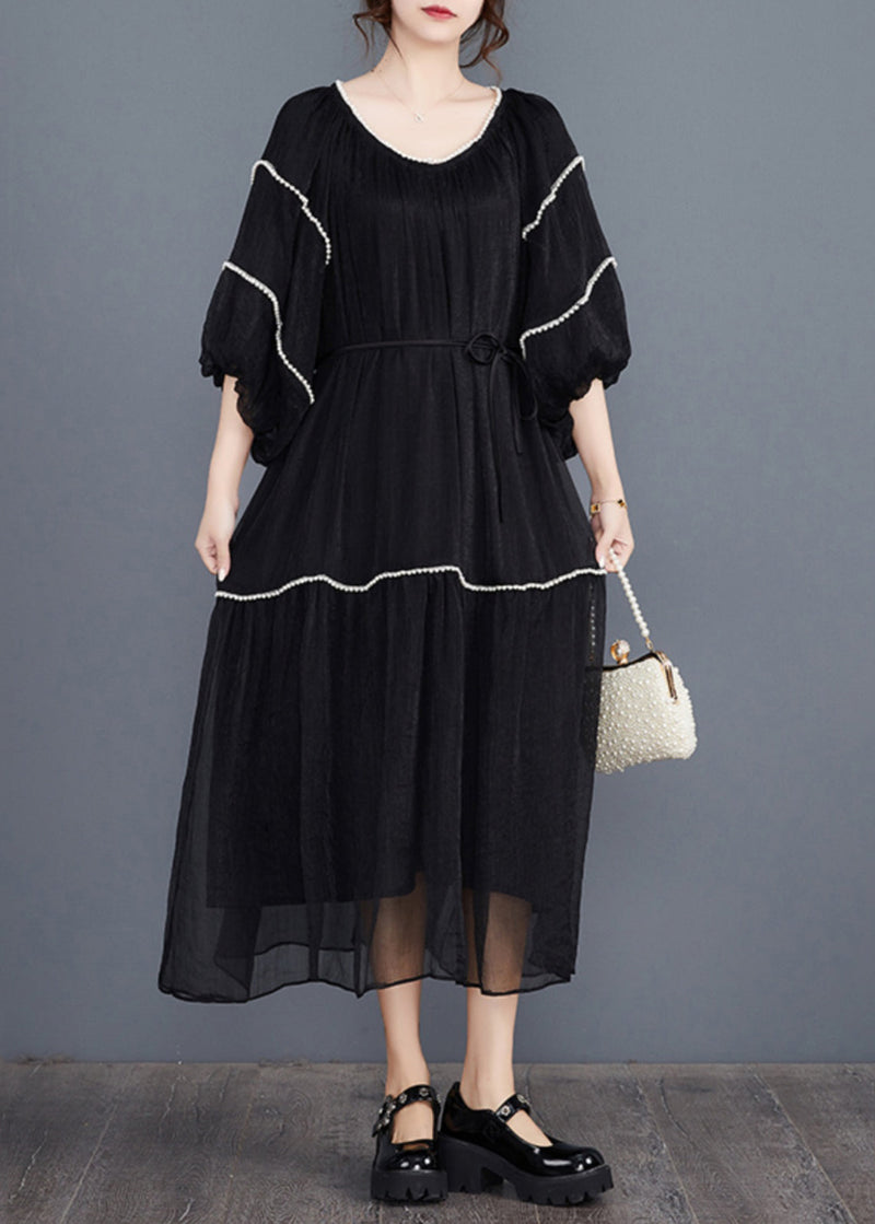 Black Nail Bead Long Dresses Half Sleeve